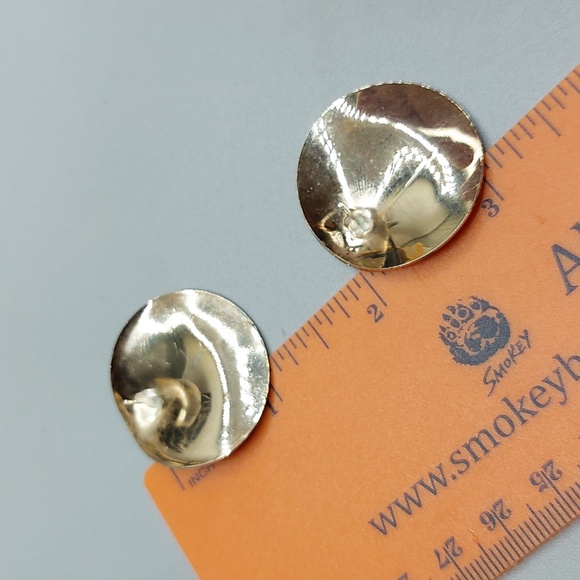 Vintage 90s Modern Art Deco Gold Teal Enamel Coated Round Stud Earrings - Picture 5 of 5